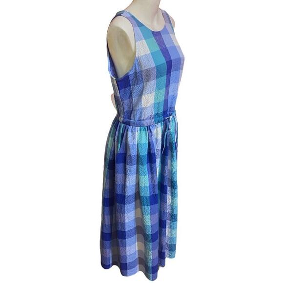 LOFT Blue Plaid Seersucker Midi Dress Size L - Picture 4 of 9